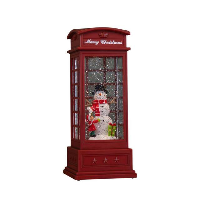 Samuel Alexander 25cm Christmas Phone Box Water Spinner with Snowman Scene & LEDs in Red - image 1