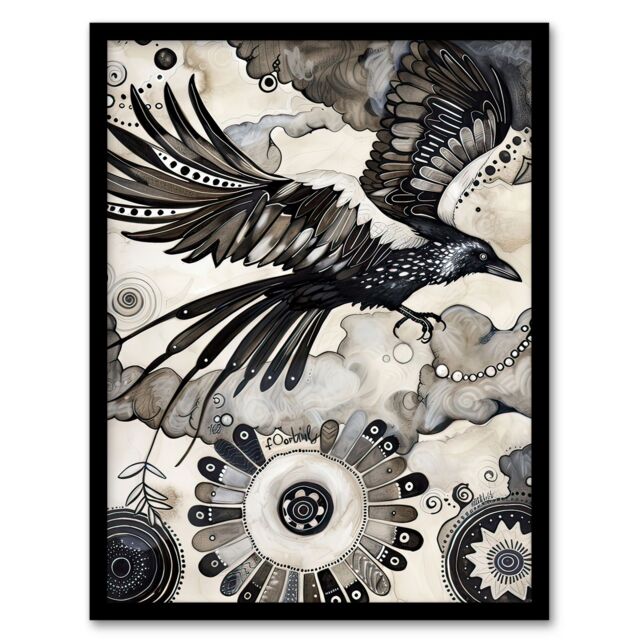 Artery8 Flying Black Raven Painting Magic Mandala Dark Framed Art Print - Size: A4 - image 1