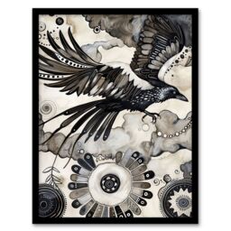 Artery8 Flying Black Raven Painting Magic Mandala Dark Framed Art Print - Size: A4 - thumbnail 1