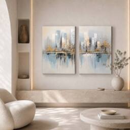 "Mafett Abstract Blue Gold Cityscape Diptych Canvas Wall Art - Size: W24"" x H32"""