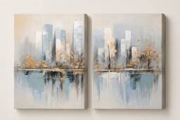 "Mafett Abstract Blue Gold Cityscape Diptych Canvas Wall Art - Size: W24"" x H32""" - thumbnail 2