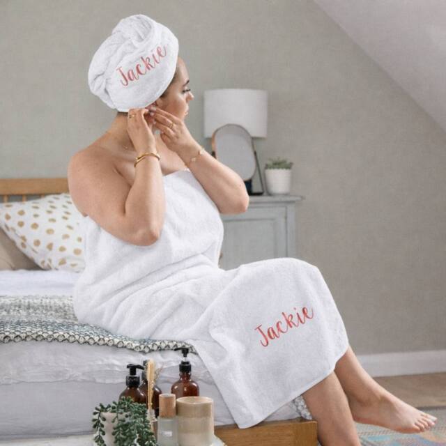 Duncan Stewart Women's Personalised Towelling Sarong & Hair Turban Wrap Set in White - image 1