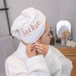 Duncan Stewart Women's Personalised Towelling Sarong & Hair Turban Wrap Set in White - thumbnail 2