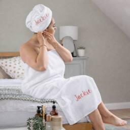 Duncan Stewart Women's Personalised Towelling Sarong & Hair Turban Wrap Set in White - thumbnail 1