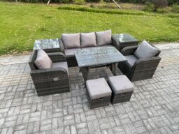 Fimous Outdoor Garden Furniture Sets 8 Pieces Wicker Rattan Furniture Sofa Sets with Rectangular Dining Table 2 Small Footstools in Dark Grey - thumbnail 2