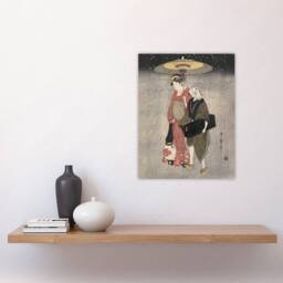 "Artery8 Geisha Walking Through Snow Night Japan Wall Art Print Kitagawa in Grey - Size: W12"" x H16""" - thumbnail 4