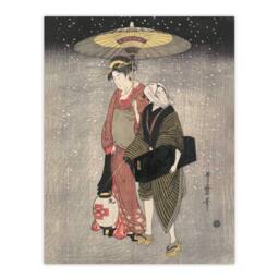 "Artery8 Geisha Walking Through Snow Night Japan Wall Art Print Kitagawa in Grey - Size: W12"" x H16""" - thumbnail 1