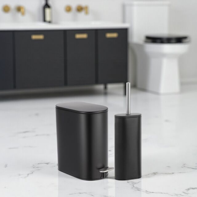 Showerdrape Fortuna 5L Soft Close Bathroom Pedal Bin & Toilet Brush Set in Satin Chrome in Black - image 1