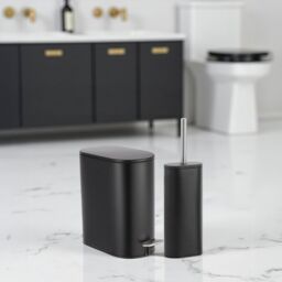 Showerdrape Fortuna 5L Soft Close Bathroom Pedal Bin & Toilet Brush Set in Satin Chrome in Black