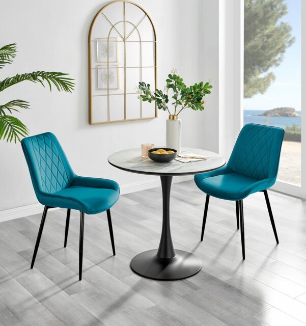 FurnitureboxUK Elina White Marble Effect Scratch Resistant Dining Table & 2 Pesaro Black Leg Velvet Chairs in Blue - image 1