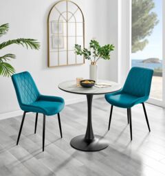 FurnitureboxUK Elina White Marble Effect Scratch Resistant Dining Table & 2 Pesaro Black Leg Velvet Chairs in Blue - thumbnail 1