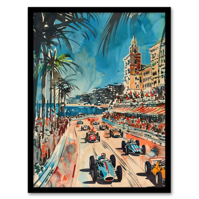 "Artery8 Monaco 1973 Vintage Watercolour Motor Racing Framed Wall Art - Size: W12"" x H16""" - image 1