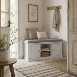 Wyld Haus Lire Wooden Shoe Bench with Cushioned Grey Top L105 x D35 x H47cm in White