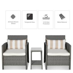 Wyld Haus Reha 3 Piece Grey Rattan Bistro Set 2 Tier Glass Table Stripe Cushions in Light Grey - thumbnail 4