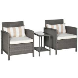 Wyld Haus Reha 3 Piece Grey Rattan Bistro Set 2 Tier Glass Table Stripe Cushions in Light Grey - thumbnail 2