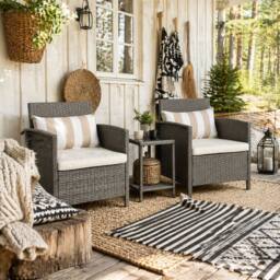 Wyld Haus Reha 3 Piece Grey Rattan Bistro Set 2 Tier Glass Table Stripe Cushions in Light Grey - thumbnail 1