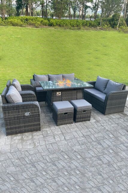 Fimous Rattan Outdoor Gas Fire Pit Table Sets Gas Heater Lounge Love Sofa Recling Chairs Footstools in Dark Grey - image 1