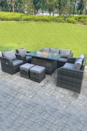 Fimous Rattan Outdoor Gas Fire Pit Table Sets Gas Heater Lounge Love Sofa Recling Chairs Footstools in Dark Grey - thumbnail 2