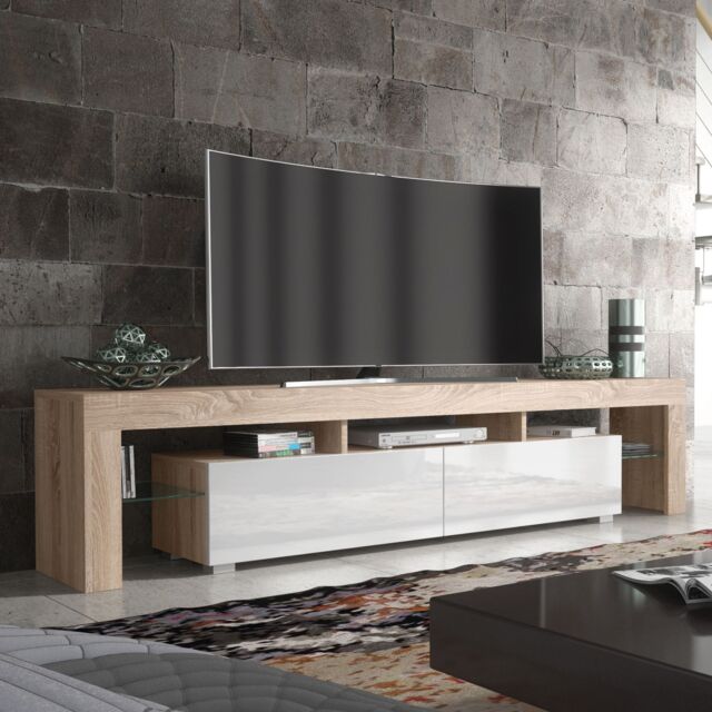 Creative Furniture TV Unit 200cm Modern - Oak with High Gloss White Doors in Light Oak - image 1