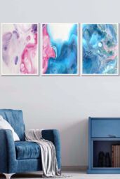 ARTZE Set of 3 White Framed Abstract Fluid Marble in Blue & Pink Wall Art - Size: W45 cm x H62 cm x D20mm - thumbnail 1