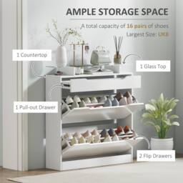 HOMCOM Cabinet with 3 Drawers Storage Cupboard w/ Flip Door Glass Top for 14 Pairs in White - thumbnail 4