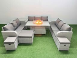 Fimous PE Rattan Lounge Sofa Set 12 Seater Outdoor Garden Furniture Set with Firepit Dining Table 3 Seater Sofa 3 Stools Side Table Light Grey - thumbnail 1