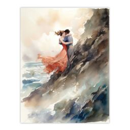 "Artery8 Wall Art Print Forbidden Love Watercolour Painting Couple Embrace In Dramatic Coastal Cliff Landscape Poster - Size: W24"" x H32""" - thumbnail 1