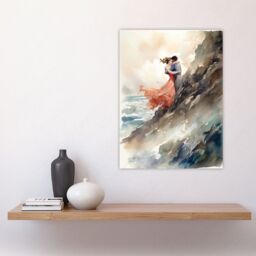"Artery8 Wall Art Print Forbidden Love Watercolour Painting Couple Embrace In Dramatic Coastal Cliff Landscape Poster - Size: W24"" x H32""" - thumbnail 4