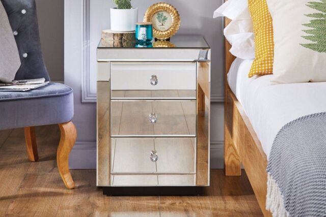 FurnitureboxUK Italian Inspired Contemporary Mirrored 3 Drawer Rectangular Bedside Table with Crystaline Shaped Handles in Silver - image 1