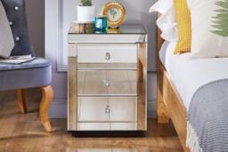 Italian Inspired Contemporary Mirrored 3 Drawer Rectangular Bedside Table with Crystaline Shaped Handles