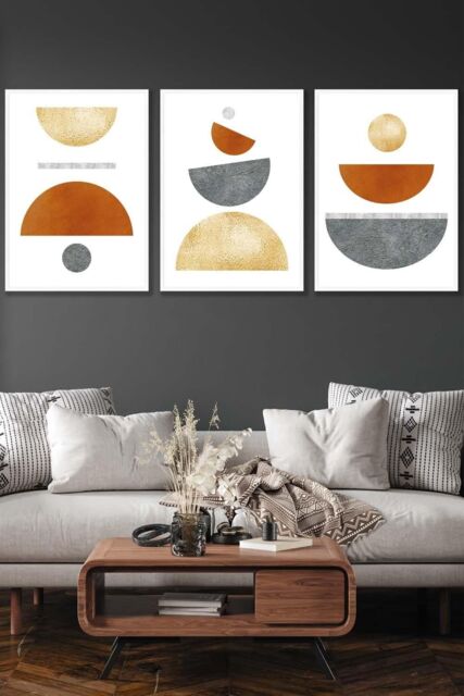 ARTZE Orange, Gold & Grey Abstract Mid Century Geometric Framed Wall Art - Large in White - Size: W53 cm x H73 cm x D20mm - image 1