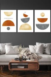 ARTZE Orange, Gold & Grey Abstract Mid Century Geometric Framed Wall Art - Large in White - Size: W53 cm x H73 cm x D20mm - thumbnail 1