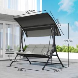 OUTSUNNY 3 Seat Garden Swing Chair Steel w/ Adjustable Canopy & Coffee Tables in Dark Grey - thumbnail 3