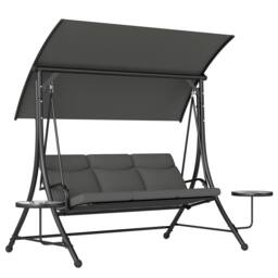 OUTSUNNY 3 Seat Garden Swing Chair Steel w/ Adjustable Canopy & Coffee Tables in Dark Grey - thumbnail 2