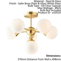 Loops Semi Flush Ceiling Light Satin Brass Plate & Gloss White Glass 6 x 18W G9 - thumbnail 2
