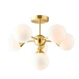 Loops Semi Flush Ceiling Light Satin Brass Plate & Gloss White Glass 6 x 18W G9