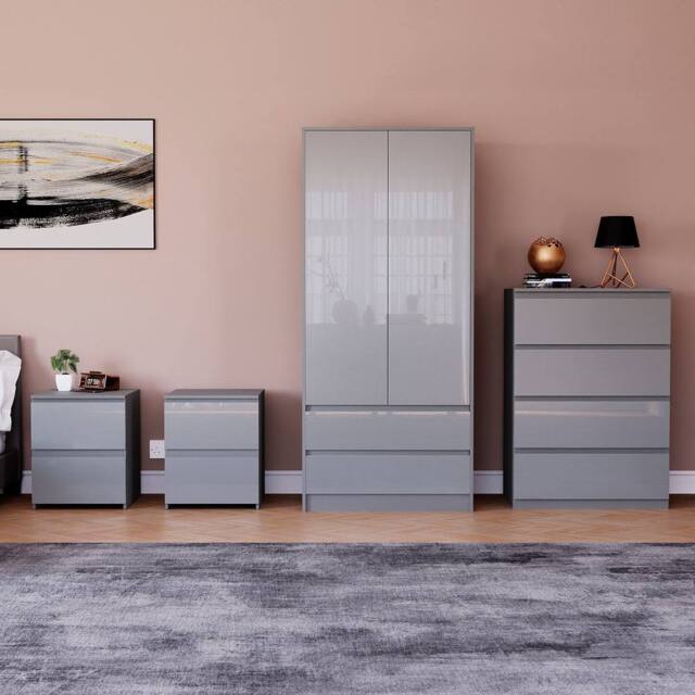 HD Designs Vida Designs Glinton 4 Piece Bedroom Set (2 Drawer Bedside Chest x2 in Grey - image 1