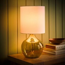 ValueLights Emily Natural Linen Drum Shade Dark Green Glass Teardrop Table Lamp & LED Bulb - thumbnail 3