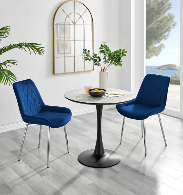 FurnitureboxUK Elina White Marble Effect Scratch Resistant Dining Table & 2 Pesaro Silver Leg Velvet Chairs in Navy - image 1