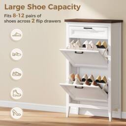 HOMCOM Shoe Cabinet with 2 Flip Drawers, Narrow Shoe Storage Cabinet, White - thumbnail 6