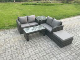 Fimous High Back Rattan Garden Furniture Set with Loveseat Sofa Coffee Table Big Footstool Side Table Indoor Outdoor in Dark Grey - thumbnail 2