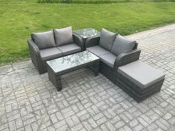 Fimous High Back Rattan Garden Furniture Set with Loveseat Sofa Coffee Table Big Footstool Side Table Indoor Outdoor in Dark Grey - thumbnail 1