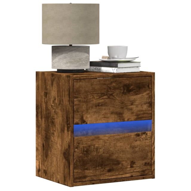 Berkfield Home Wall-mounted Bedside Cabinets with LED Lights 2 pcs Smoked Oak in Brown - image 1