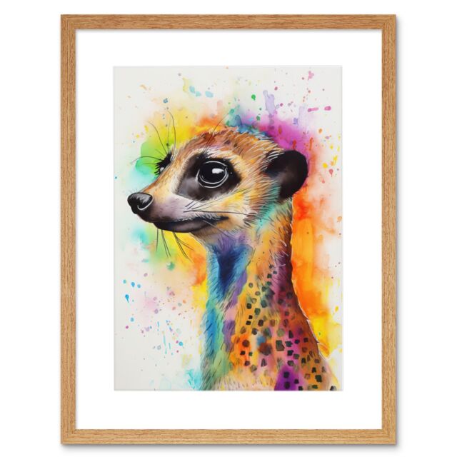 "Artery8 Wall Art Print Meerkat Multicoloured Portrait Watercolour Painting Artwork Framed 9X7 Inch in Beige - Size: W7"" x H9""" - image 1