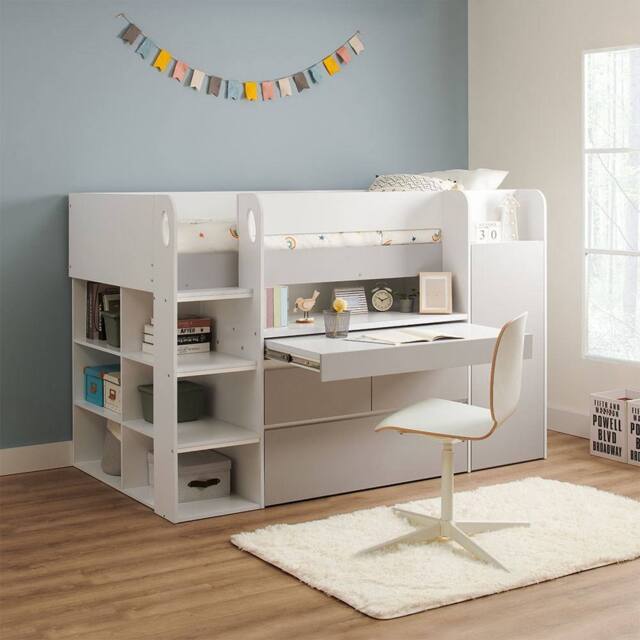 Flair Bailey Kids Cabin Bed with Pull Out Desk, Wardrobe & Storage Shelves in White - Size: Single - image 1