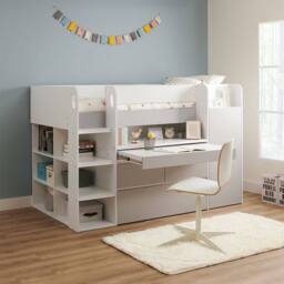 Flair Bailey Kids Cabin Bed with Pull Out Desk, Wardrobe & Storage Shelves in White - Size: Single - thumbnail 1