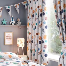 Happy Linen Company Cosmic Planets Fully Lined Thermal Blackout Pencil Pleat Curtain Set in White - Size: 167 cm width x 183 cm drop - thumbnail 1