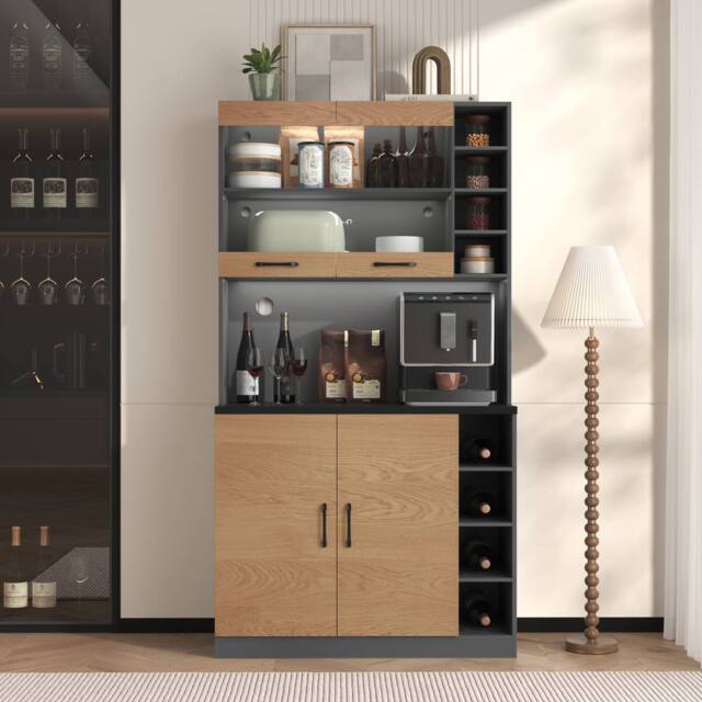 Merax Tall Kitchen Storage Cabinet Pantry with LED Open Shelves in Natural - image 1