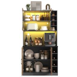 Merax Tall Kitchen Storage Cabinet Pantry with LED Open Shelves in Natural - thumbnail 9