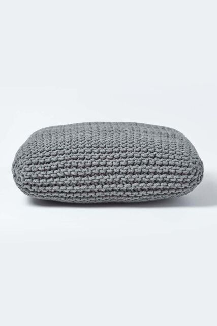 Homescapes Square Cotton Knitted Pouffe Floor Cushion in Grey - image 1